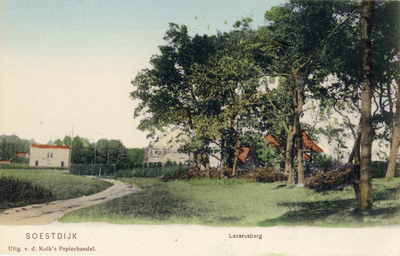 14255 Gezicht op enkele huizen bij de Lazarusberg met naaldbomen te Soestdijk (gemeente Soest).